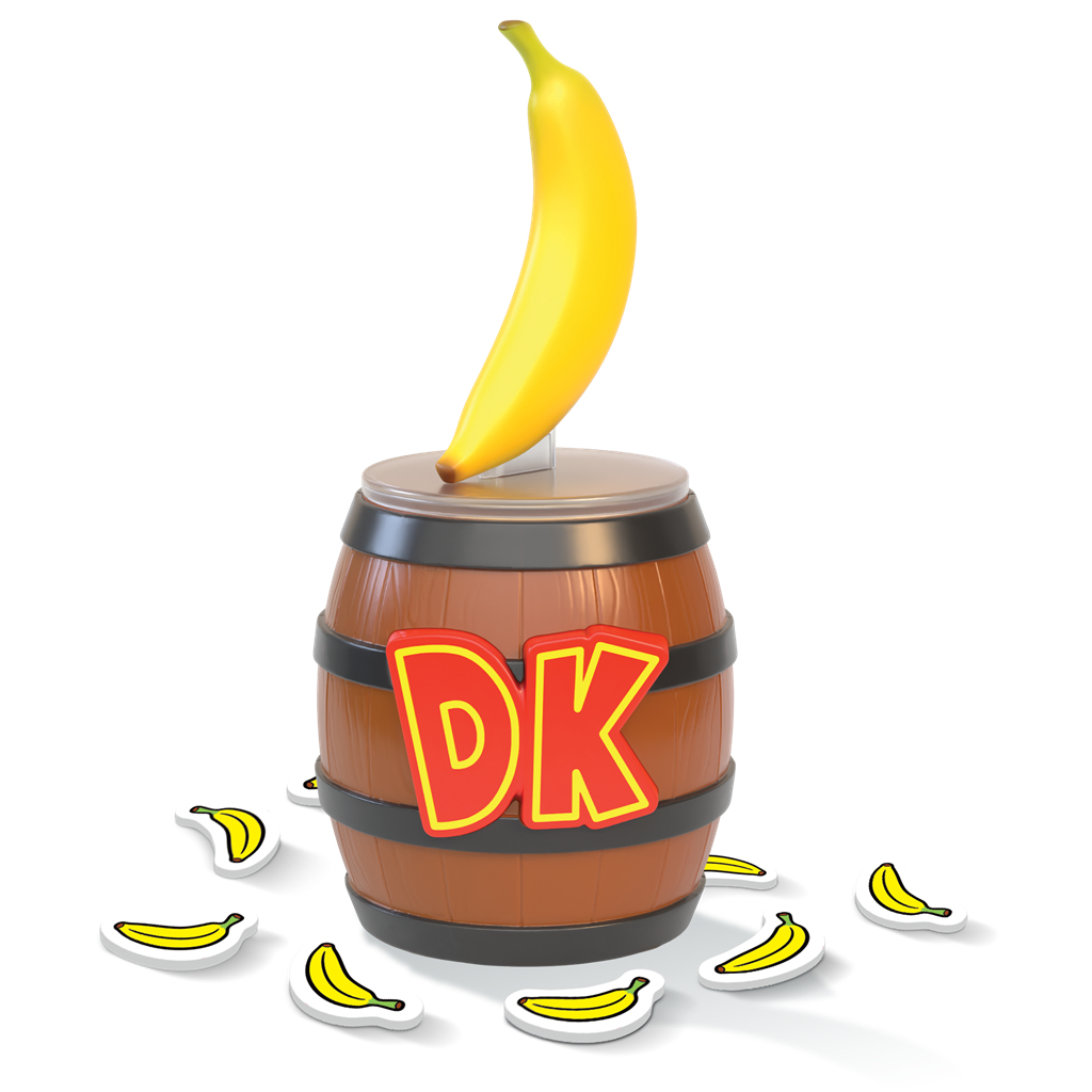 Juguete de barril de madera con logo DK, coronado por un plátano, rodeado de fichas de plátano.