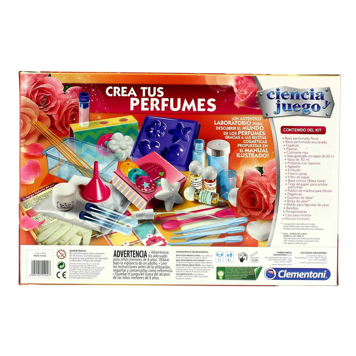 Un kit para hacer perfumes con rosas, frascos, moldes e instrucciones en la caja.