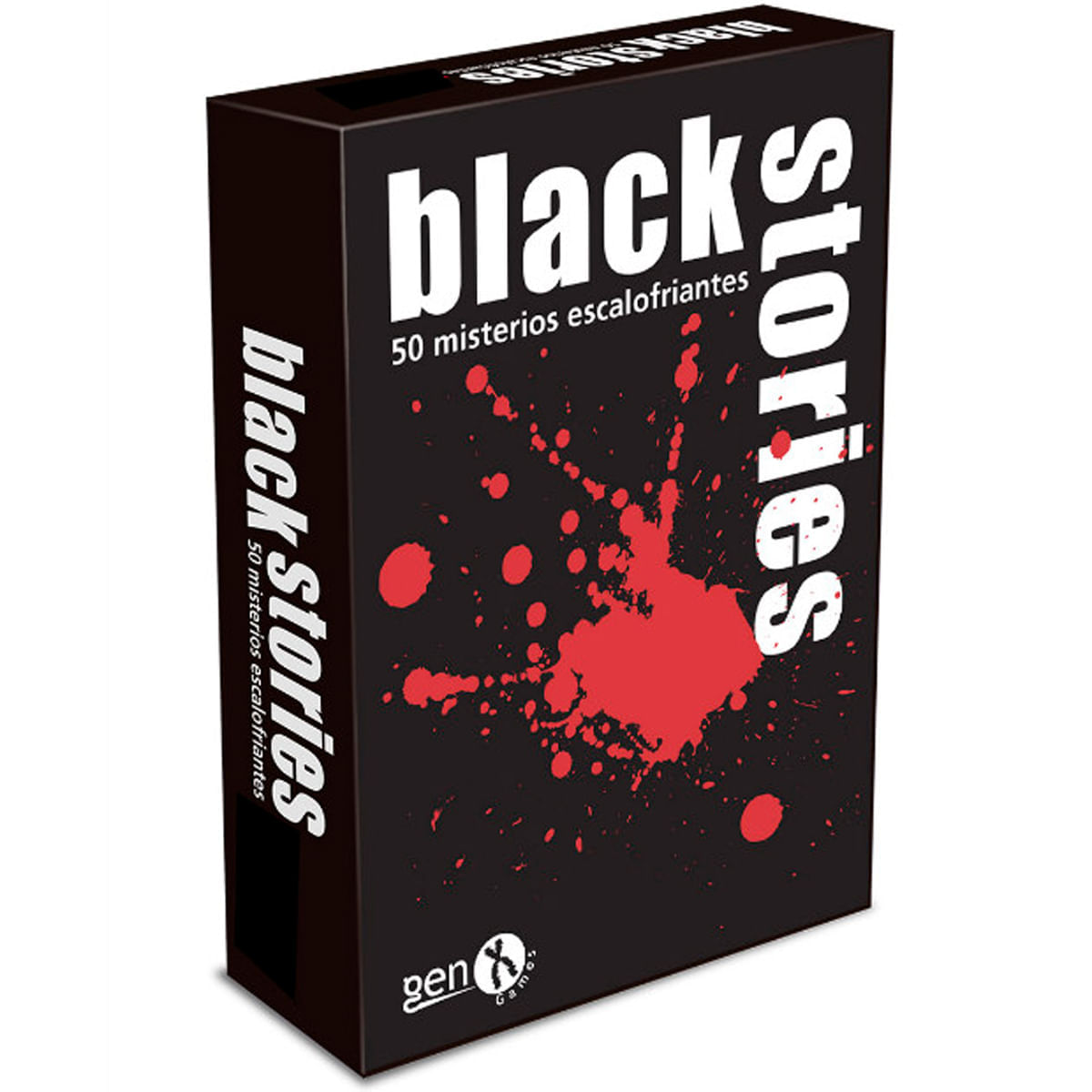 Caja de juego negra con salpicaduras rojas y el título "black stories".
