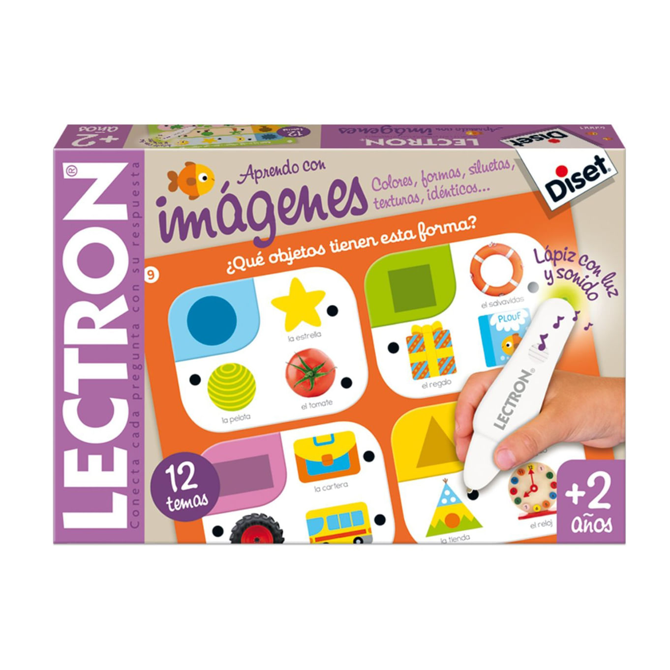 Caja de juego educativo con imágenes, formas y objetos para niños de 2+ años.