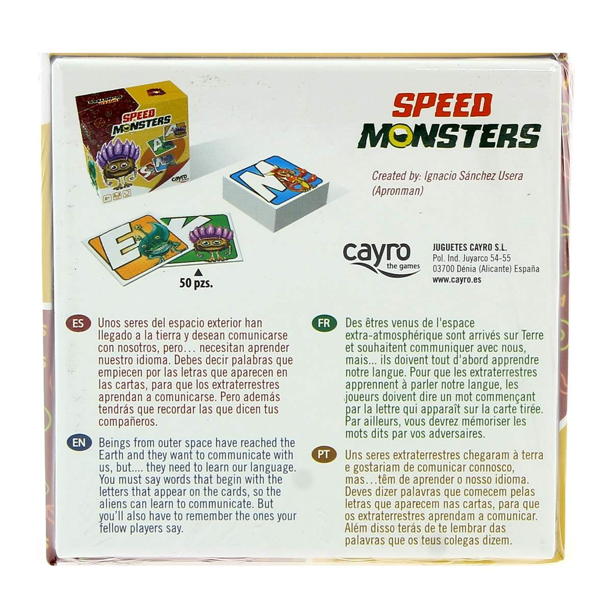 Caja del juego "Speed Monsters" con cartas y dos cartas de ejemplo de alienígenas.