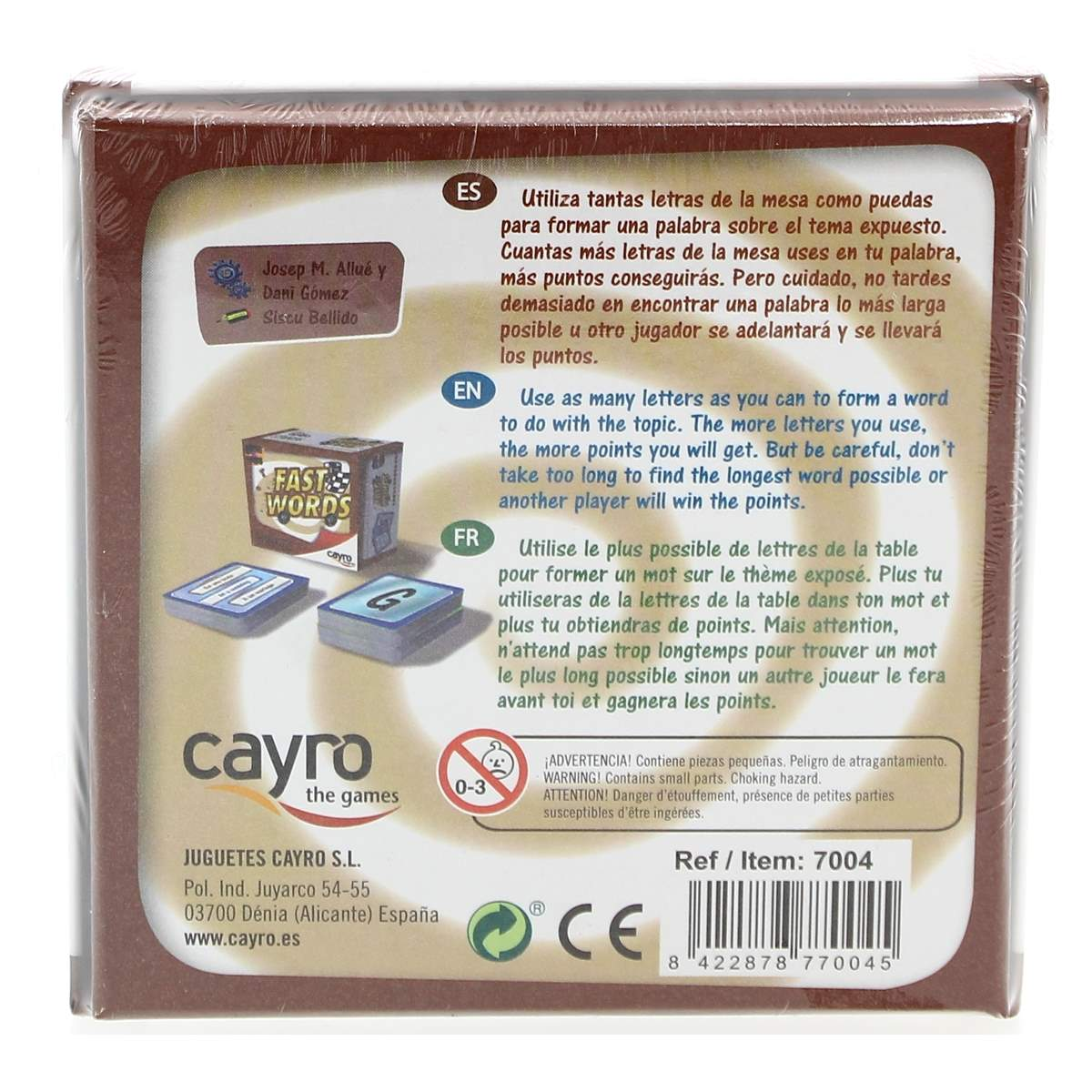Caja del juego Fast Words con instrucciones en varios idiomas.