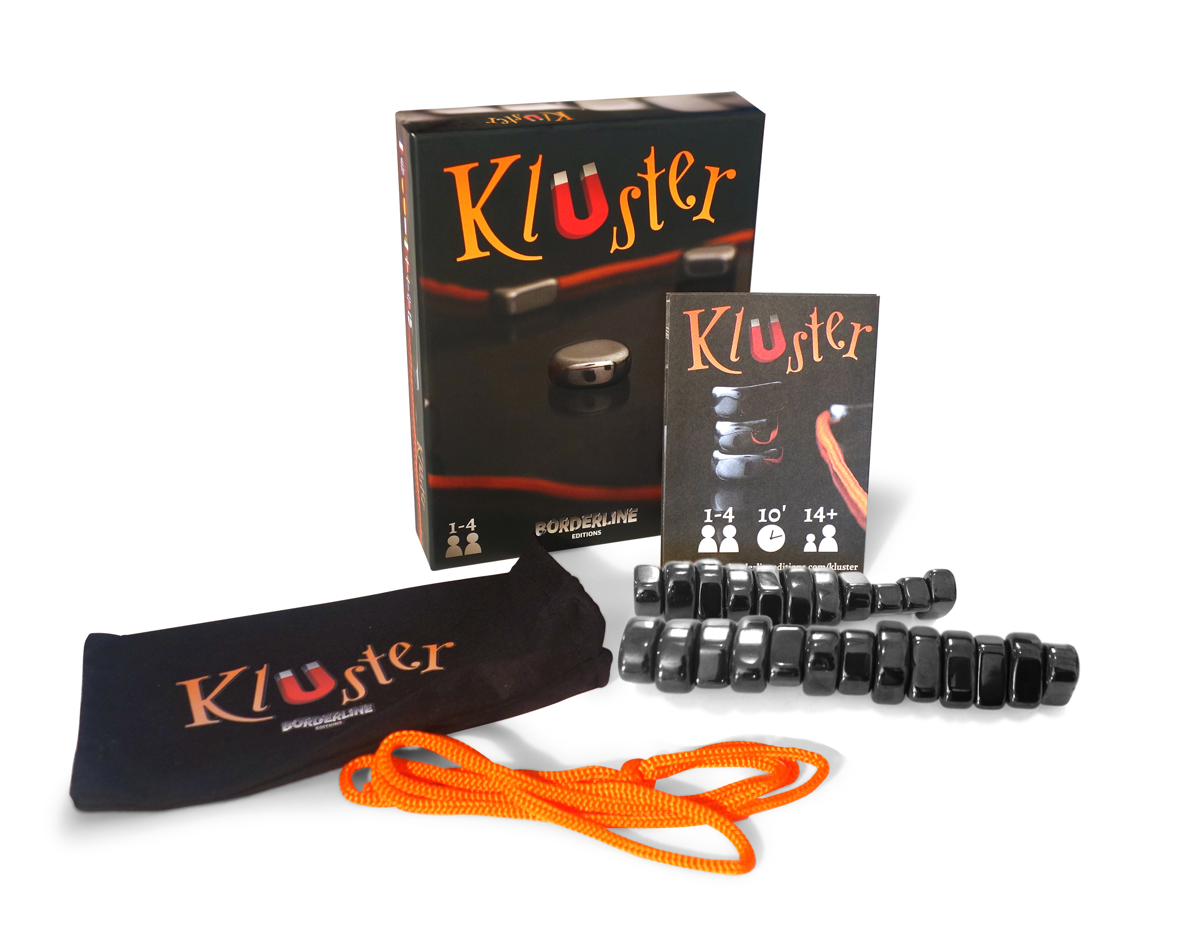 El juego Kluster con fichas, bolsa y cordón.