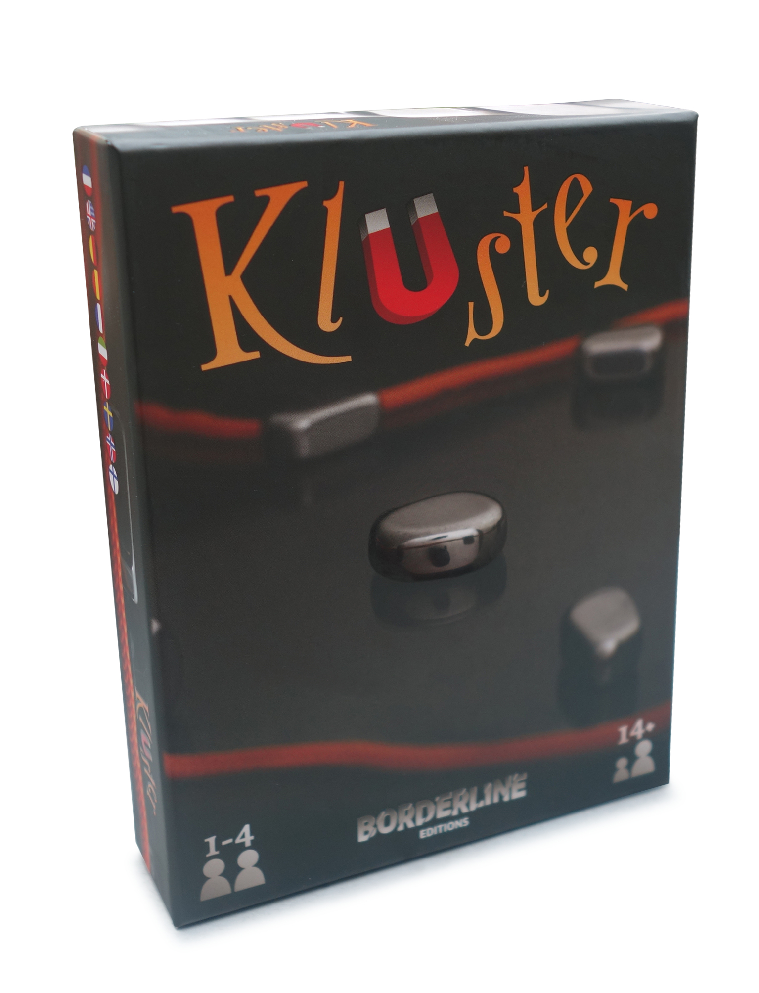 Caja del juego de mesa Kluster con imanes y cuerda roja sobre fondo oscuro.