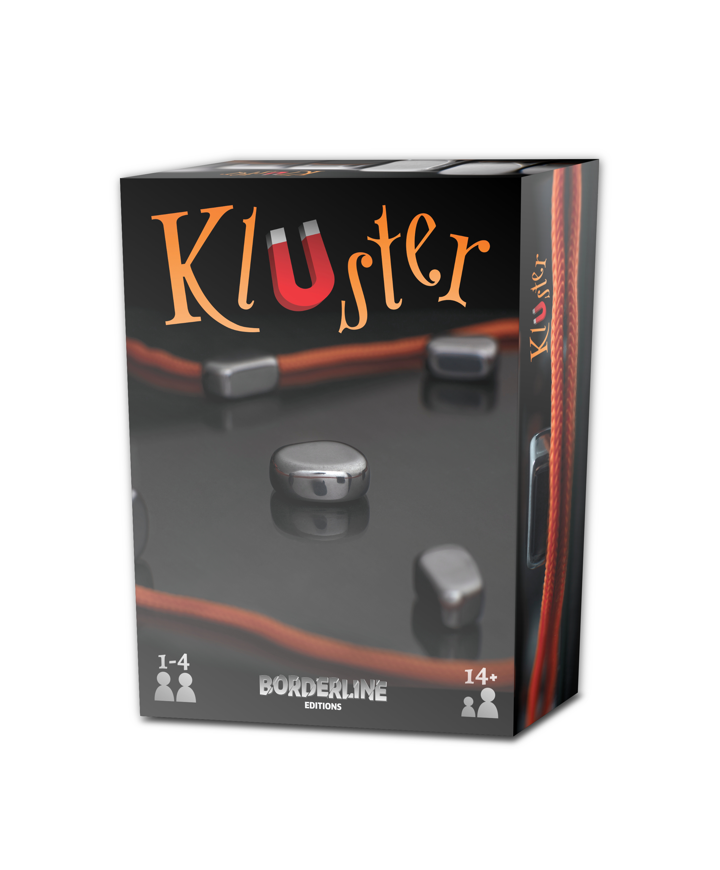 Caja del juego Kluster con logo y piezas.