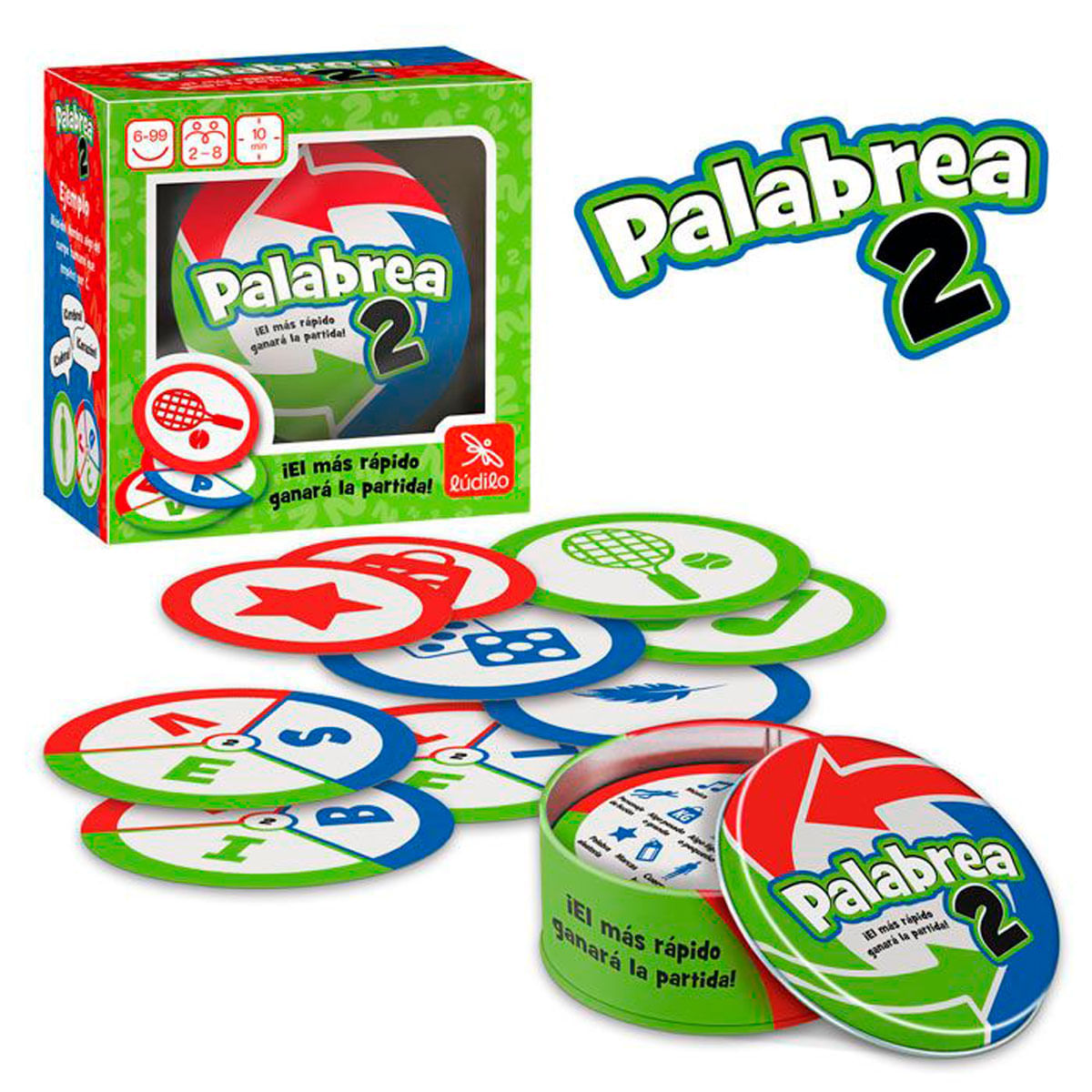 Caja del juego y cartas circulares de Palabrea 2 con símbolos y letras.