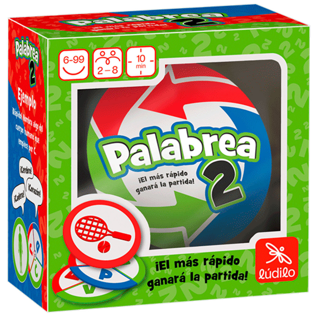 Caja del juego "Palabra 2" con pelota, raqueta y números. Edad 6-99, 2-8 jugadores, 10 min.