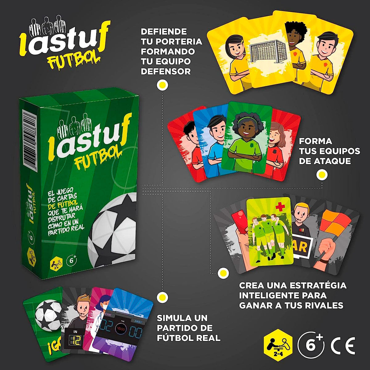 Juego de cartas de fútbol Lastuf: Caja de juego, cartas con jugadores, portería y marcador.