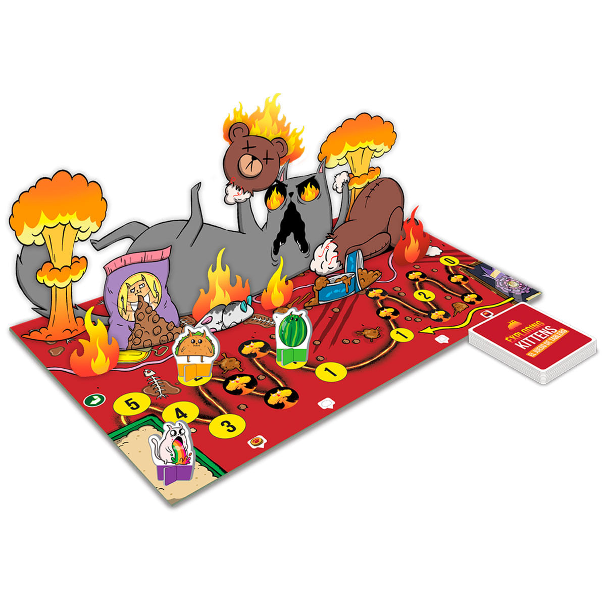 Tablero del juego Exploding Kittens con gato en llamas, oso de peluche, patatas y setas.