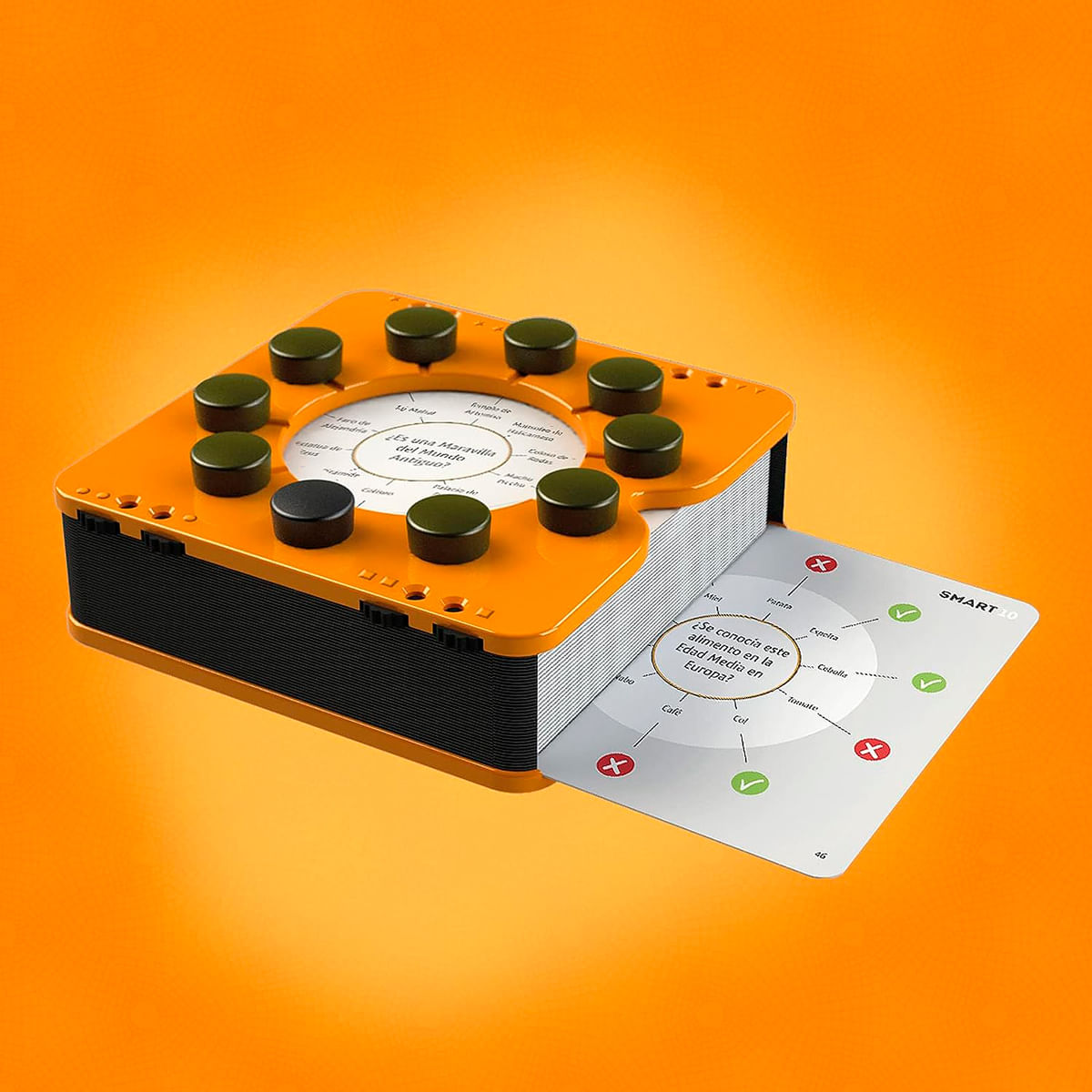 Dispositivo de juego naranja con tarjetas. Algunos botones son verdes, otros negros.