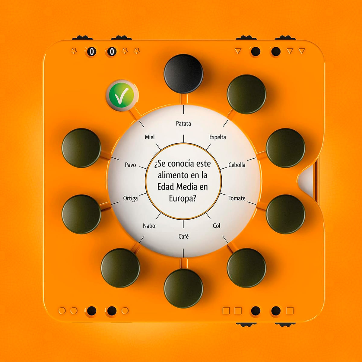 Tablero de juego naranja con círculos que enumeran alimentos y una pregunta en el centro.