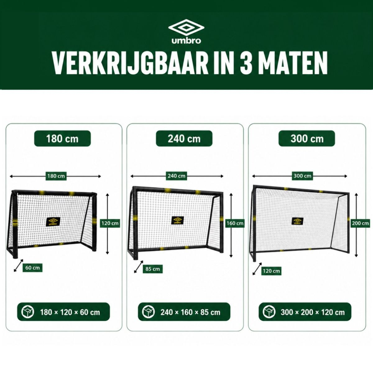 Three soccer goals in different sizes with dimensions.