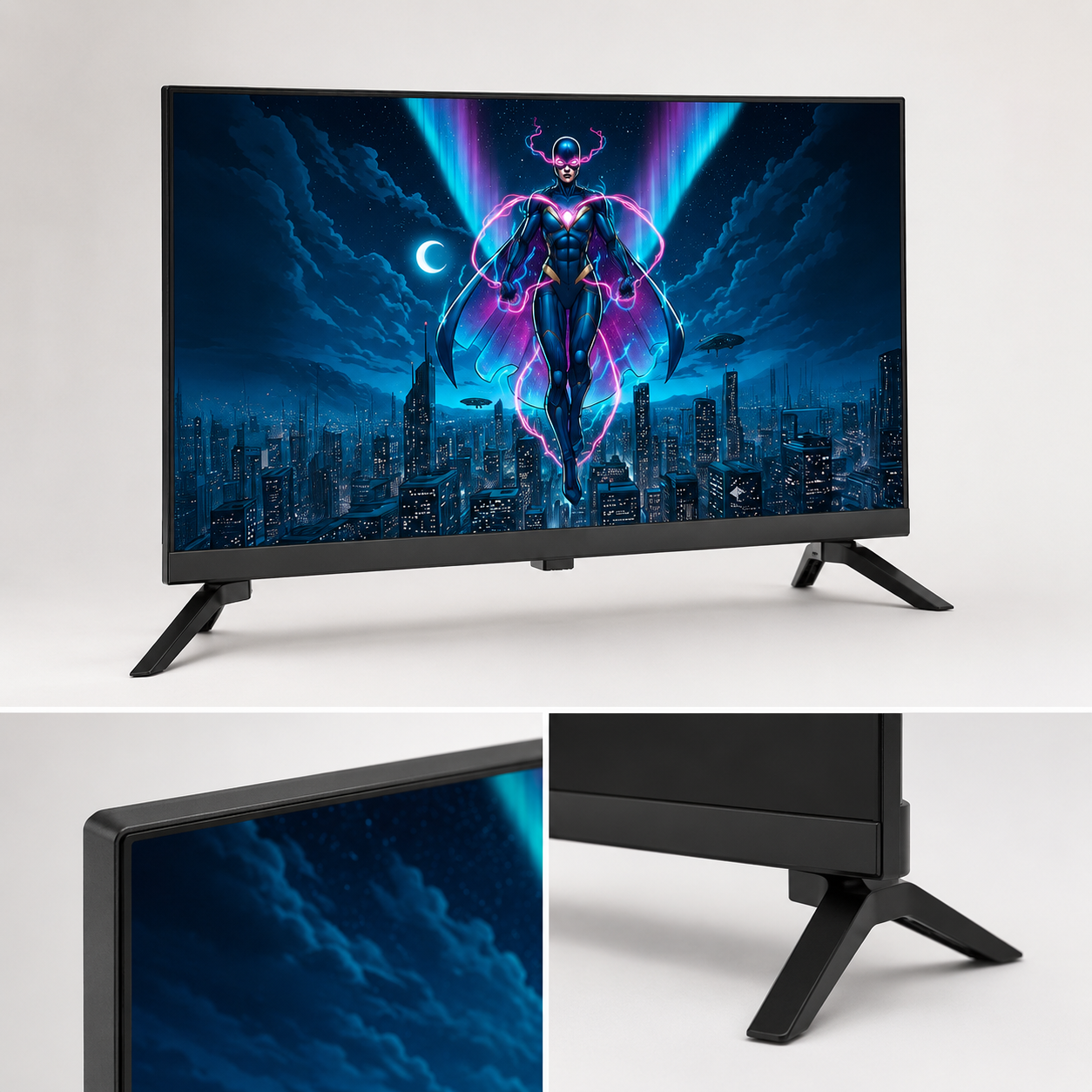 Una TV mostra un supereroe sopra una città di notte, con luna e nuvole.