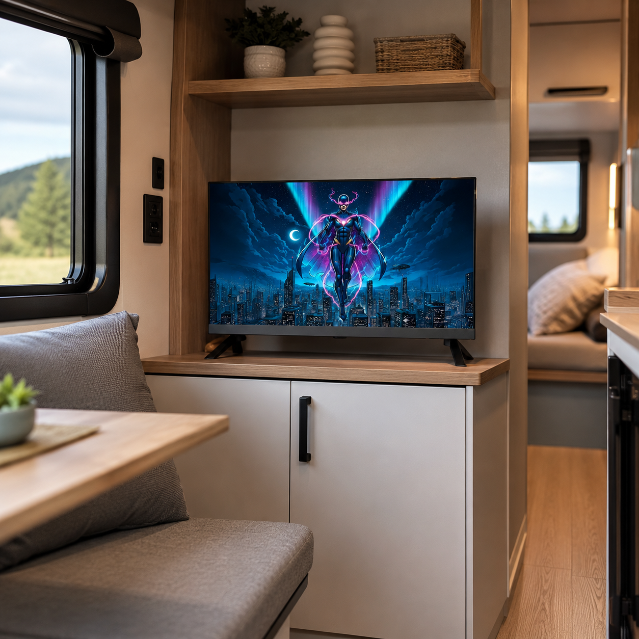 Una TV mostra un supereroe contro uno skyline cittadino con luna.