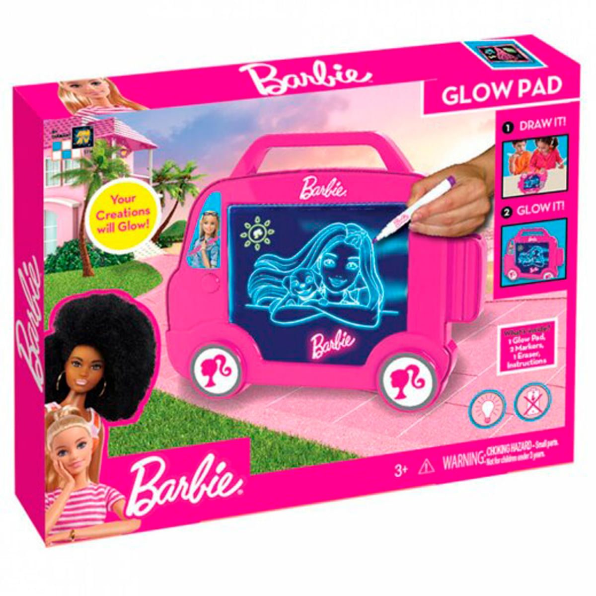 Embalaje de juguete Barbie Glow Pad con figuras de Barbie y un bloc de dibujo luminoso.