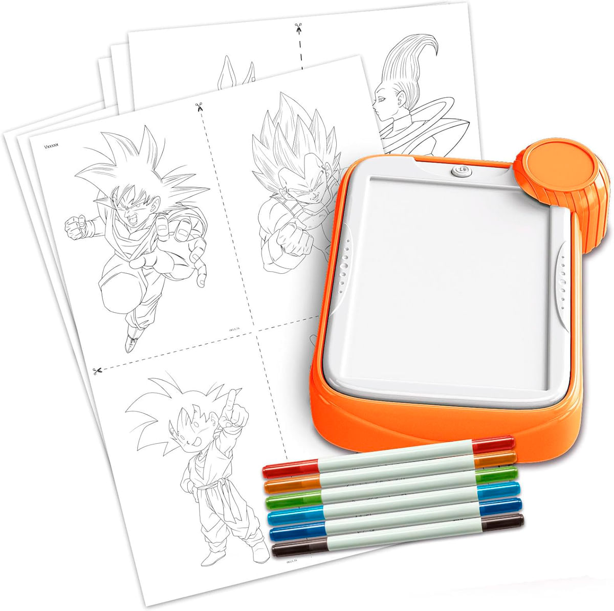 Tablero de dibujo con plantillas de Dragon Ball y rotuladores.