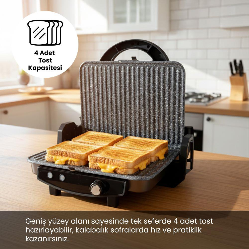 Dört peynirli tost ile bir tost makinesi, mutfak tezgahında.