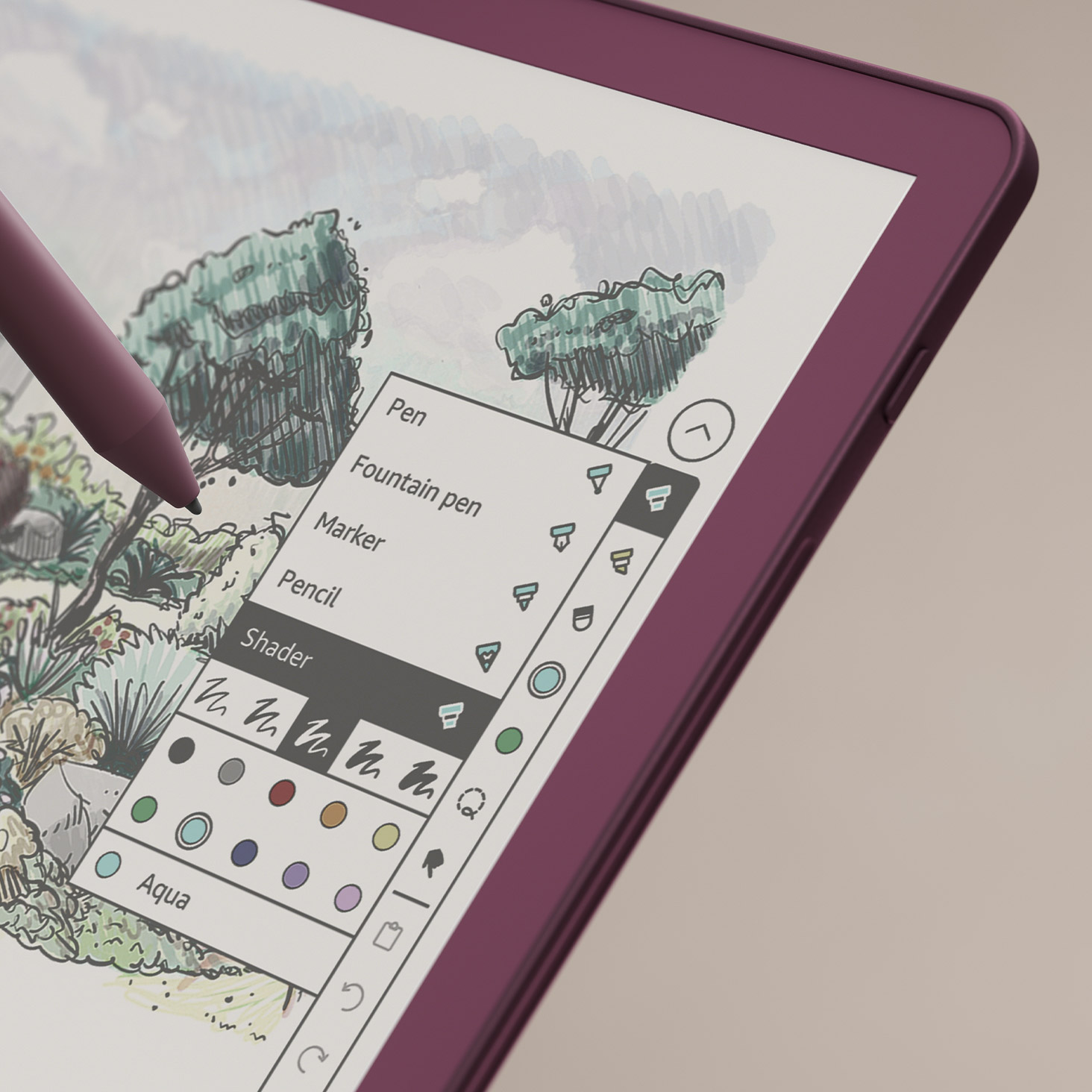 Ekranı işaret eden dijital kalemli mor tablet. Çizim araçları görünür durumda.