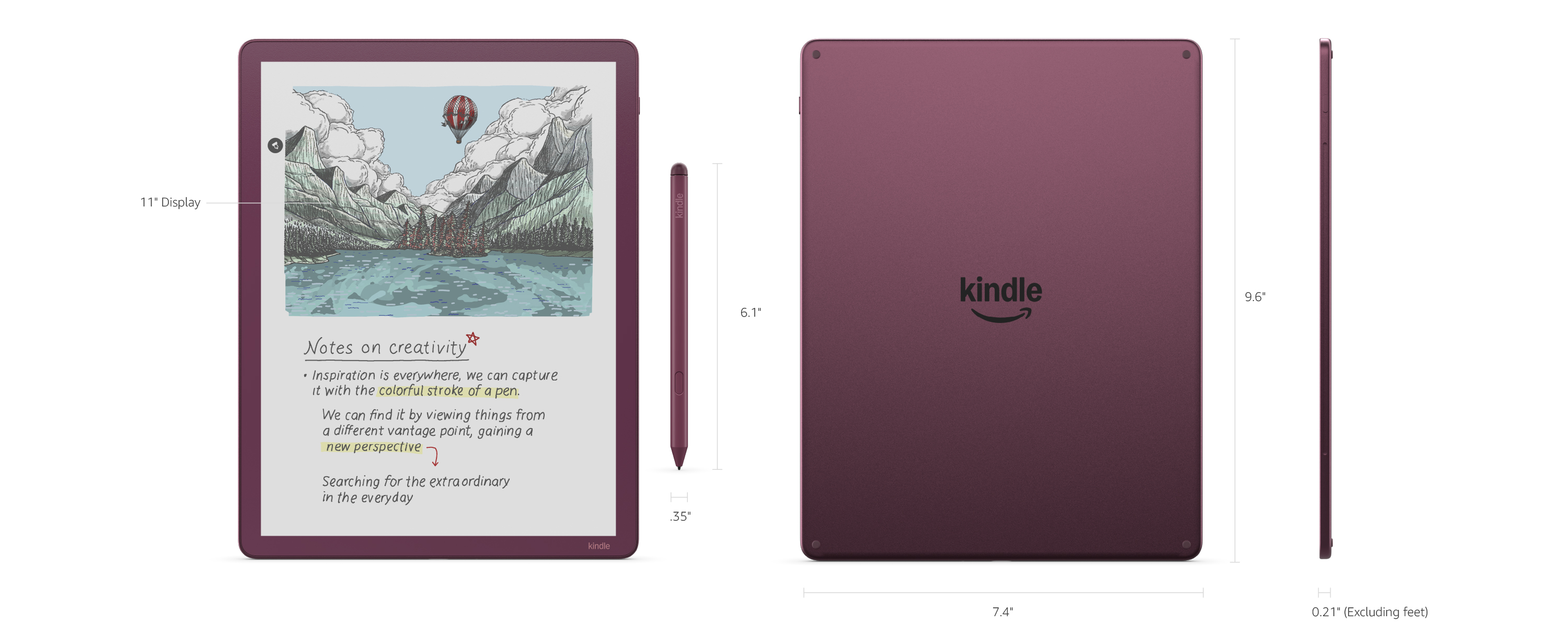 Styluslu erik rengi Kindle Scribe. Boyutlarla ön, arka ve yan görünümleri gösterir.