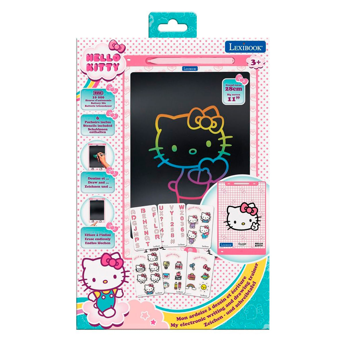 Tableta de dibujo Hello Kitty con lápiz, letras y números. Pantalla de 28cm/11 pulgadas.