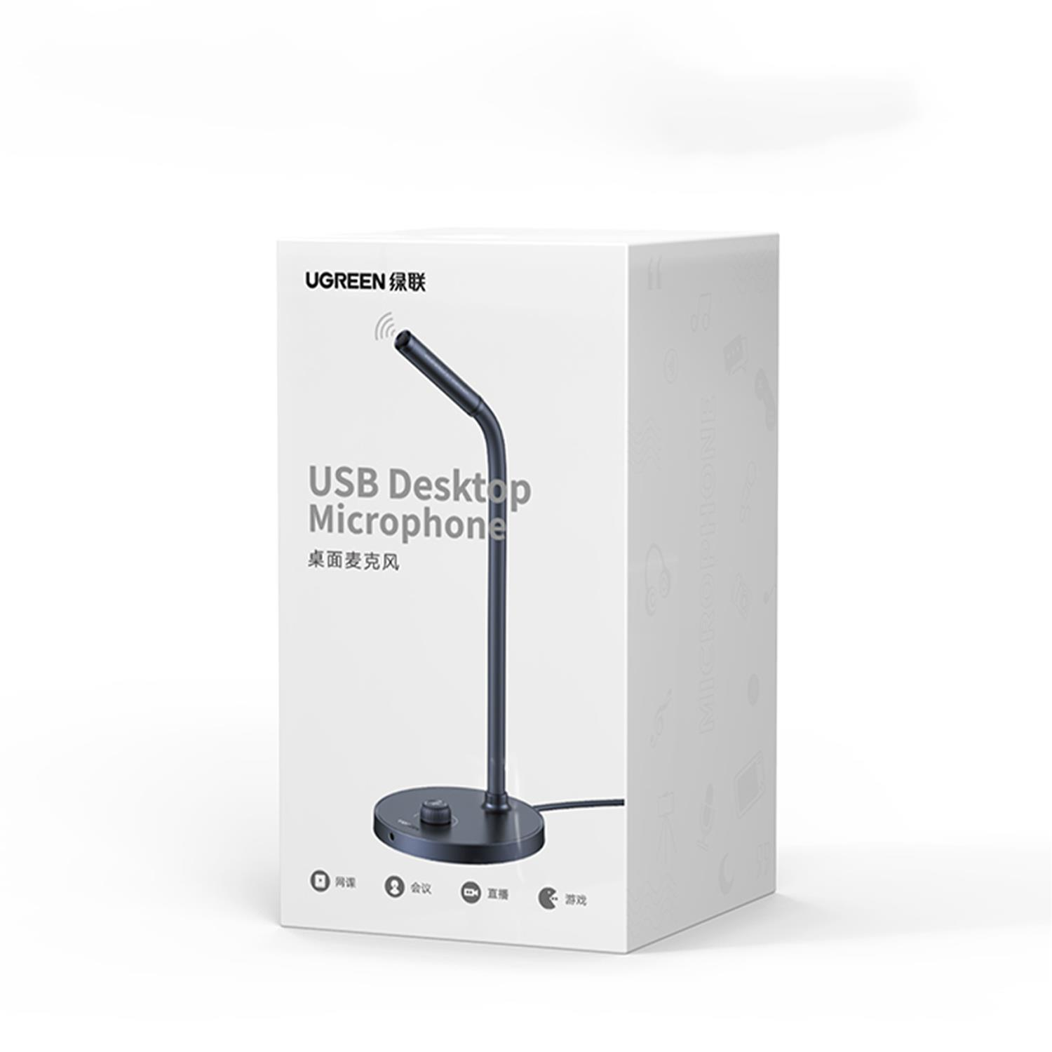 Esnek "gooseneck" tasarımlı siyah USB masaüstü mikrofonu paketi.
