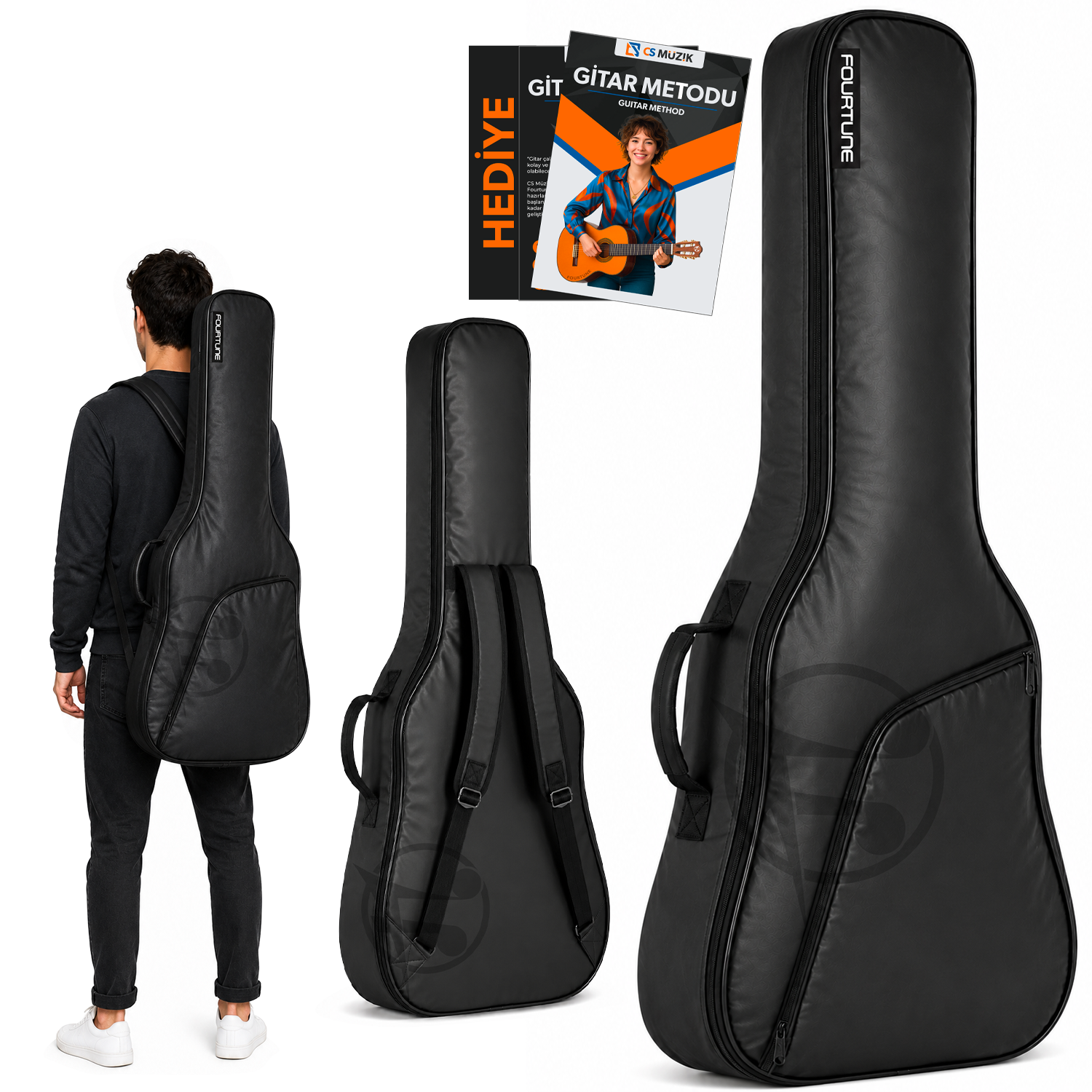 Siyah gitar çantası, gitar metodu kitabı ve başka bir çantası olan adam.