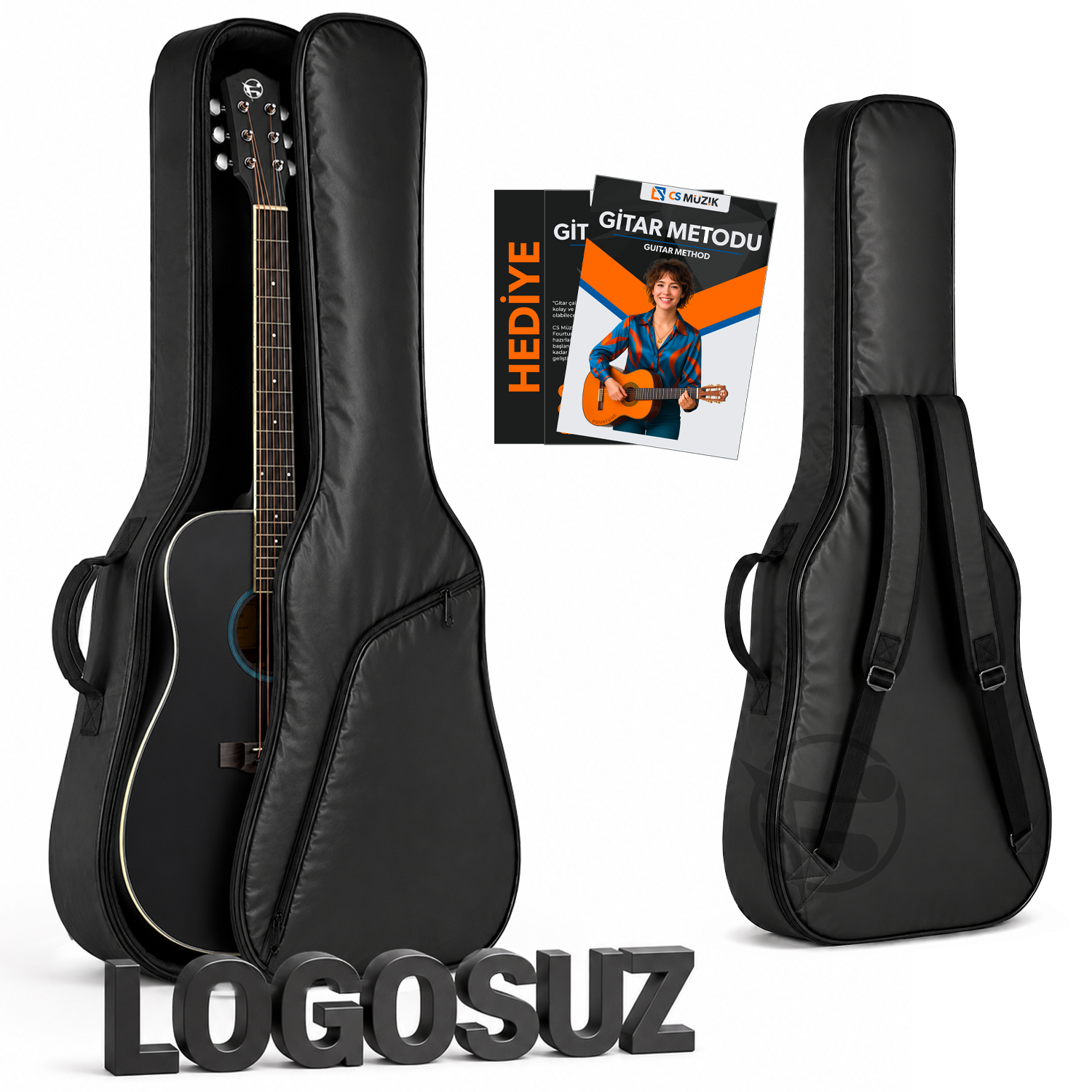 Gitar metodu kitabı ve 'LOGOSUZ' yazısıyla siyah kılıfta siyah gitar.