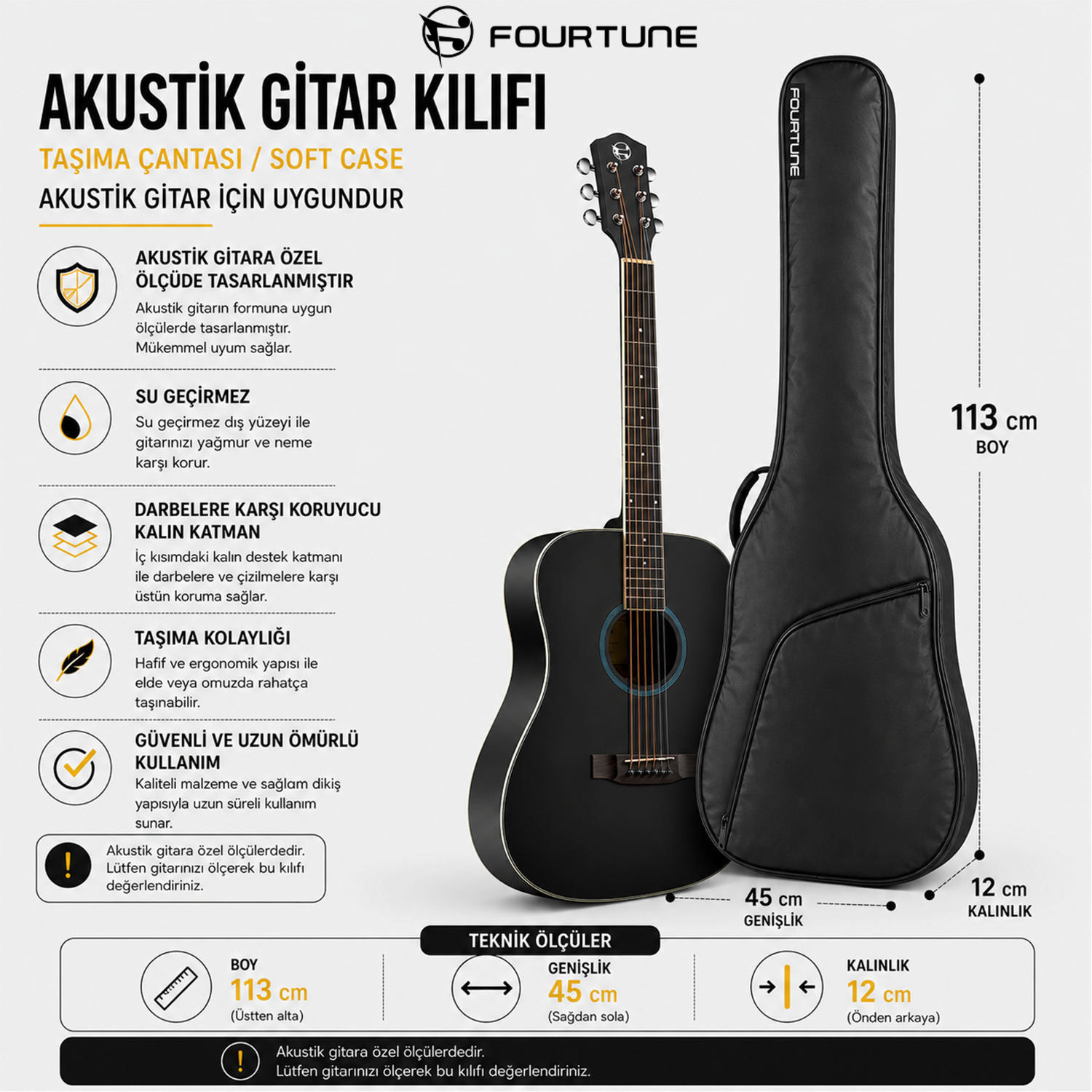 Siyah akustik gitar yumuşak kılıfı, 113cm yükseklik, 45cm genişlik, 12cm derinlik.