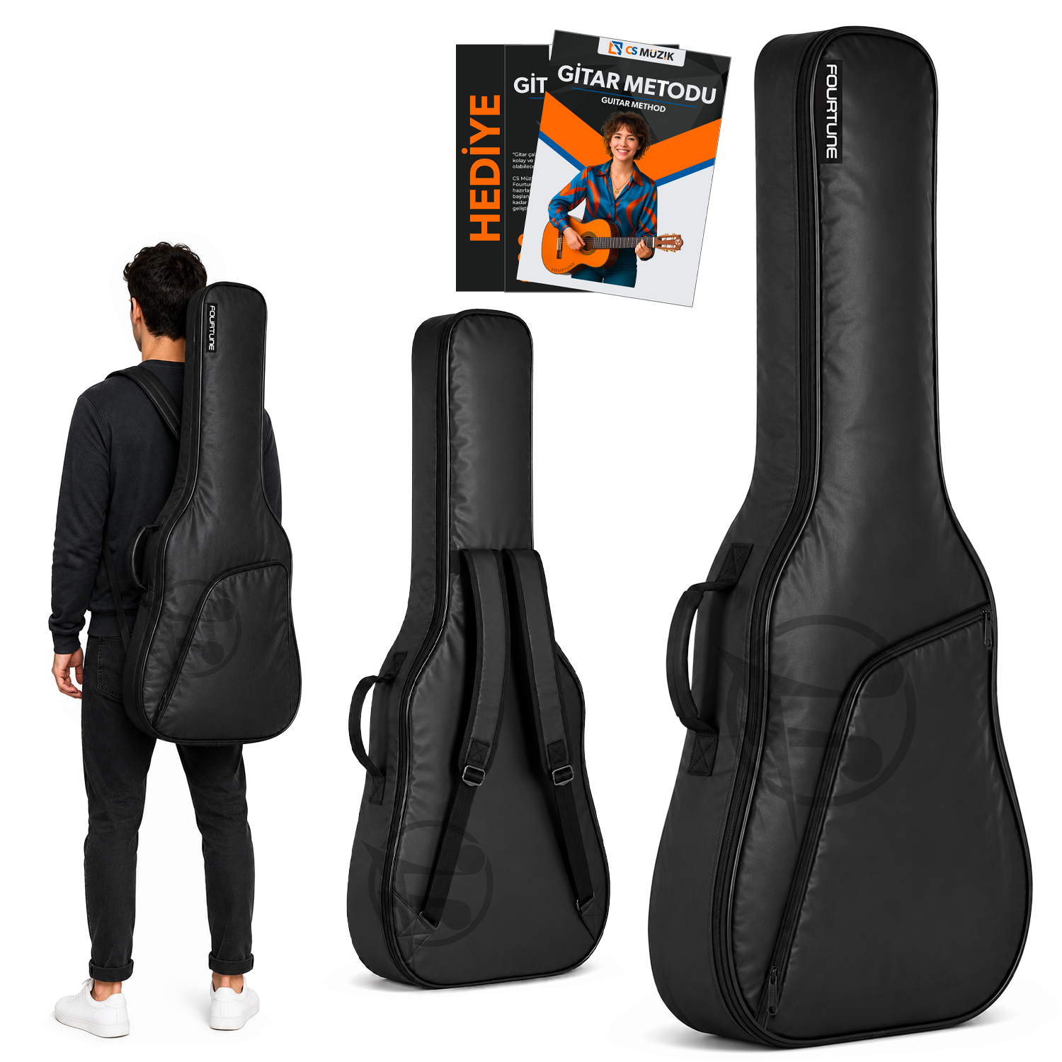 Bir adam siyah gitar kılıfı taşıyor. Yakında iki kılıf ve bir gitar metod kitabı daha var.