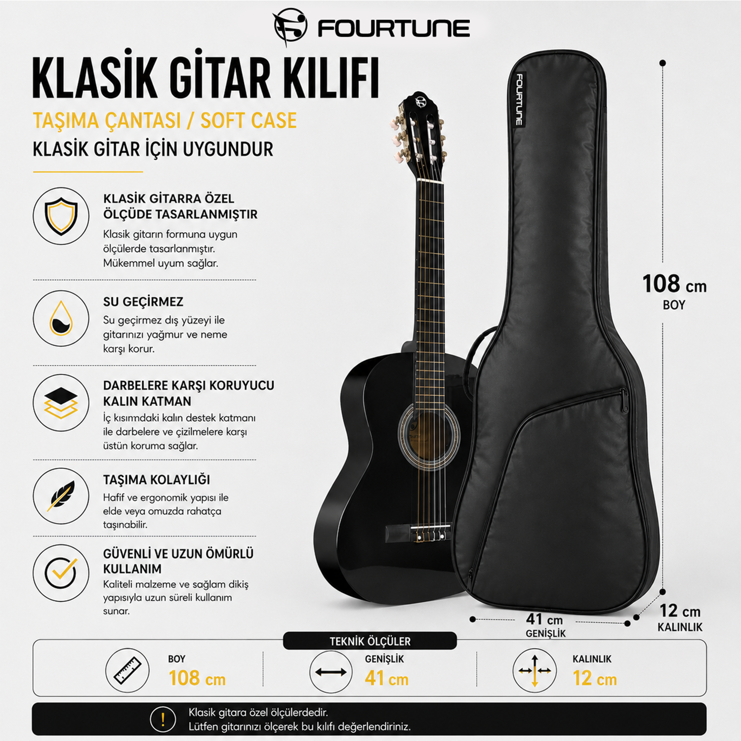 Siyah gitar kılıfı, gitar ile birlikte, ölçüler 108x41x12 cm. Su geçirmez.