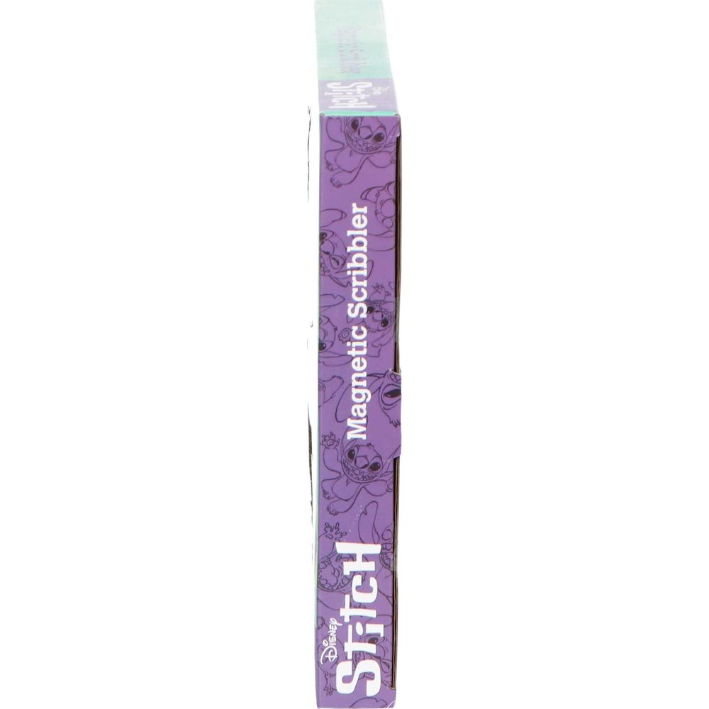 Embalaje morado con diseño de Stitch, dice "Magnetic Scribbler".