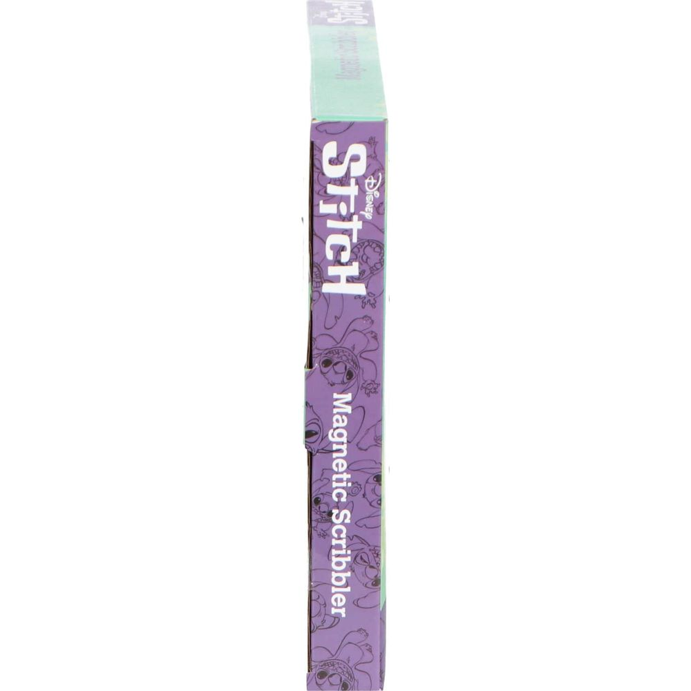 Una caja morada con "Disney Stitch Magnetic Scribbler" y gráficos de Stitch.