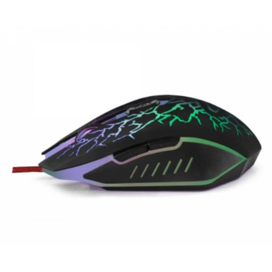 Mouse gaming nero con motivi a fulmine colorati e illuminazione RGB.