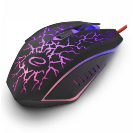 Mouse da gaming nero con motivo a fulmine viola e blu e cavo rosso.