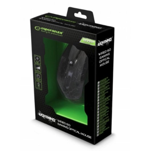 Mouse gaming Esperanza nero in scatola con inserto verde.