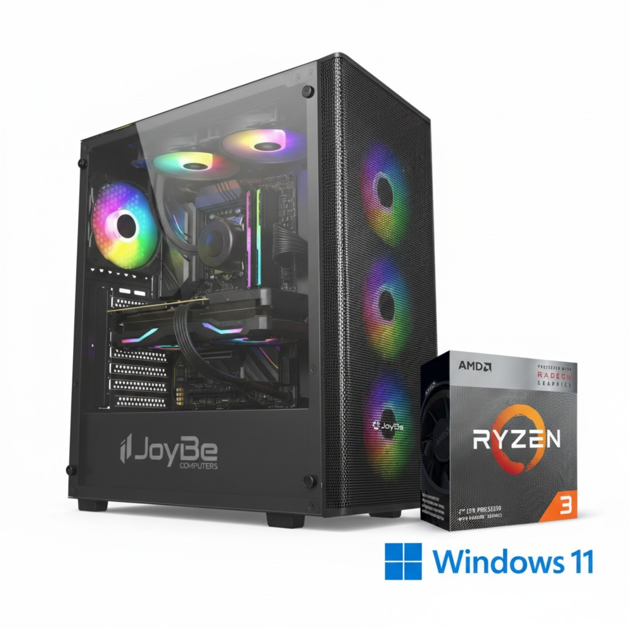 Un PC da gaming nero con ventole RGB e una scatola CPU AMD Ryzen accanto.