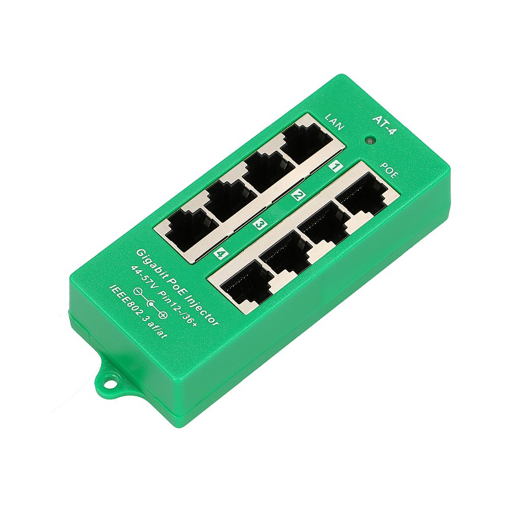 Iniettore PoE Gigabit verde con 4 porte LAN e 4 porte PoE.