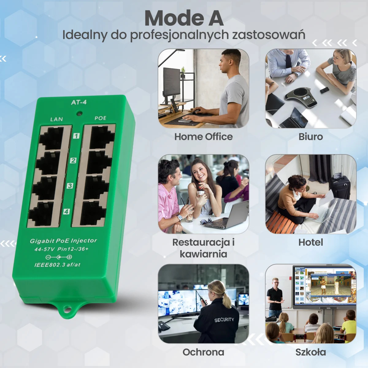 Iniettore PoE Gigabit verde con 4 porte LAN/PoE, ideale per varie applicazioni.