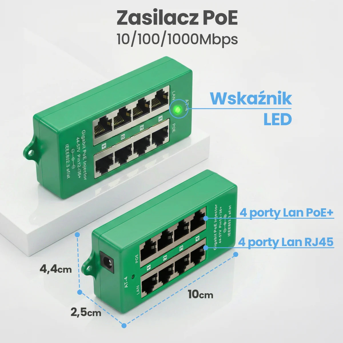 Due iniettori Gigabit PoE verdi, ciascuno con 8 porte, uno accanto all'altro con dimensioni.