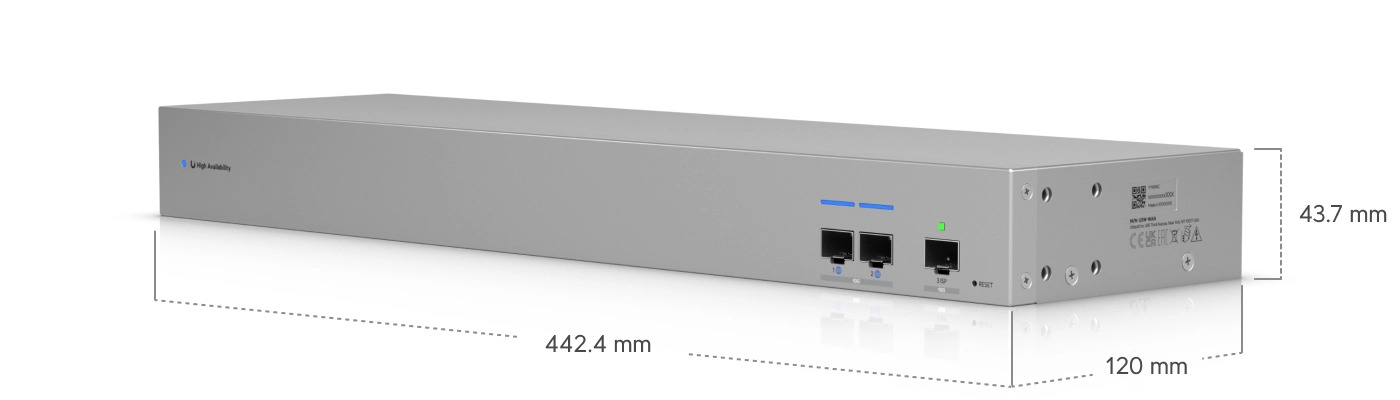 Dispositivo di rete argentato con porte Ethernet e spie di stato.