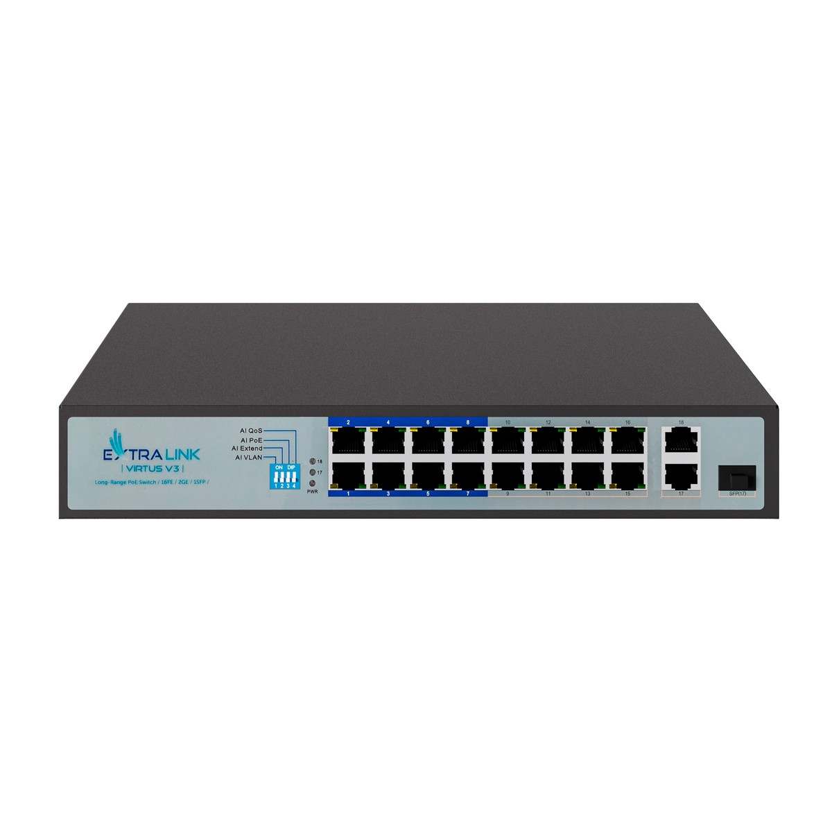 Uno switch di rete grigio con 16 porte Ethernet, 2 porte SFP e indicatori di stato.