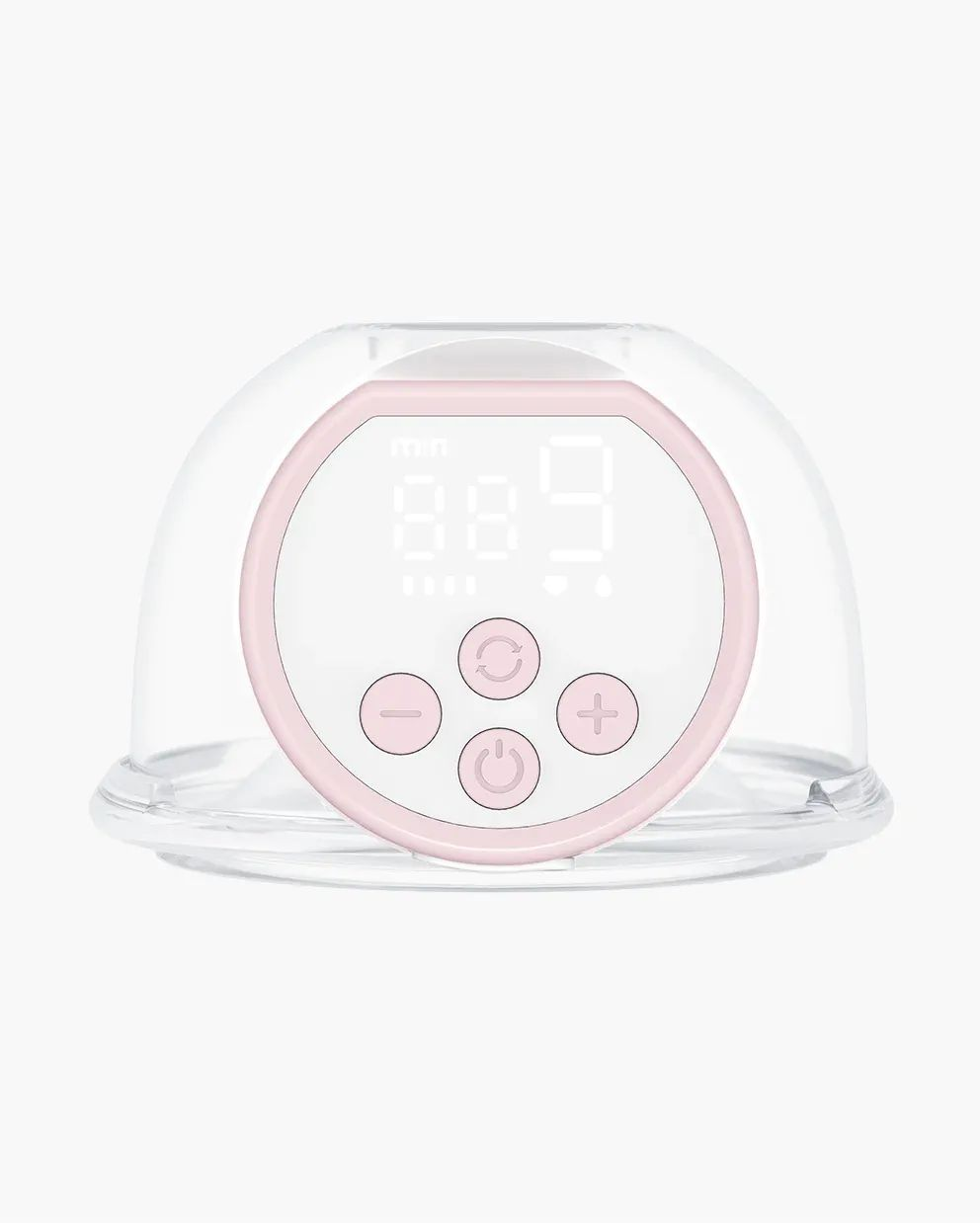 Un motore per tiralatte rosa e bianco con display digitale e pulsanti di controllo, sotto una copertura trasparente.