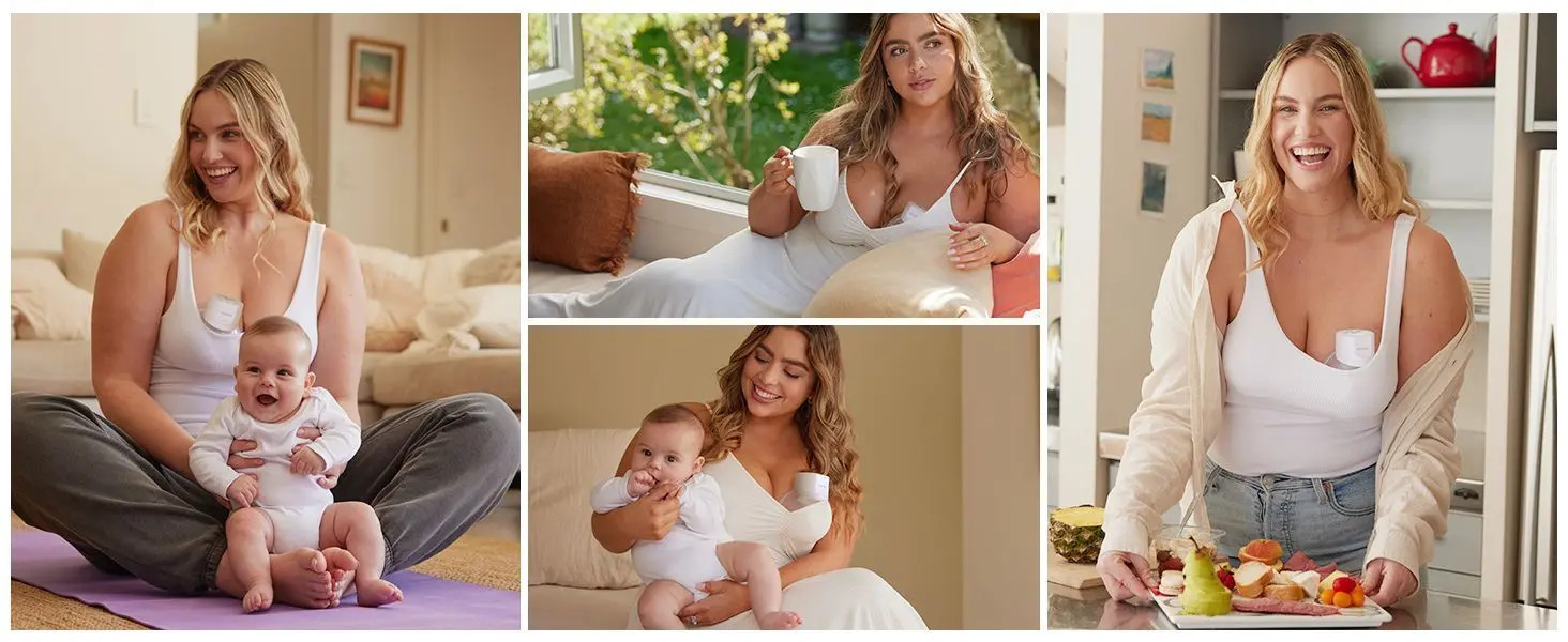 Una donna con un bambino in più scene: yoga, finestra, cibo.