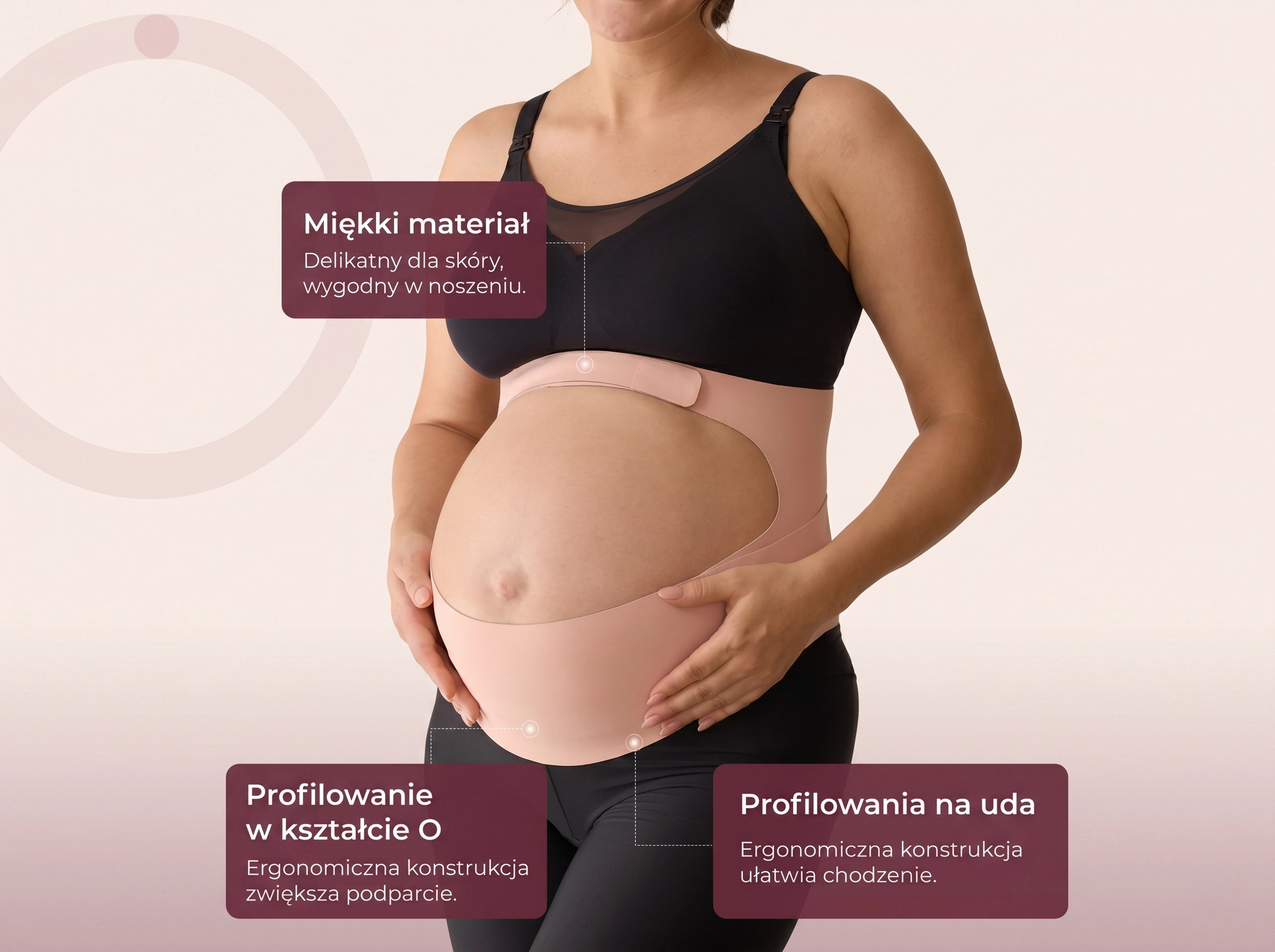 Mujer embarazada con faja: material suave, forma de O y soporte para muslos.