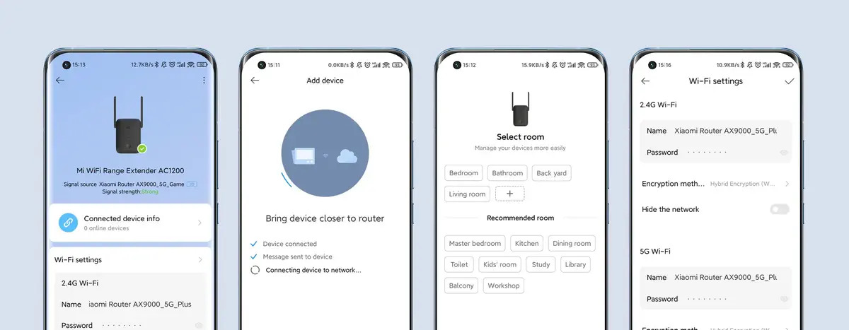 Quattro schermi di smartphone mostrano impostazioni Wi-Fi e gestione dispositivi.