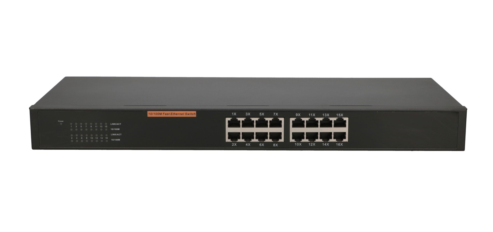 Ein schwarzer 16-Port-Ethernet-Switch mit RJ45-Anschlüssen und LEDs.