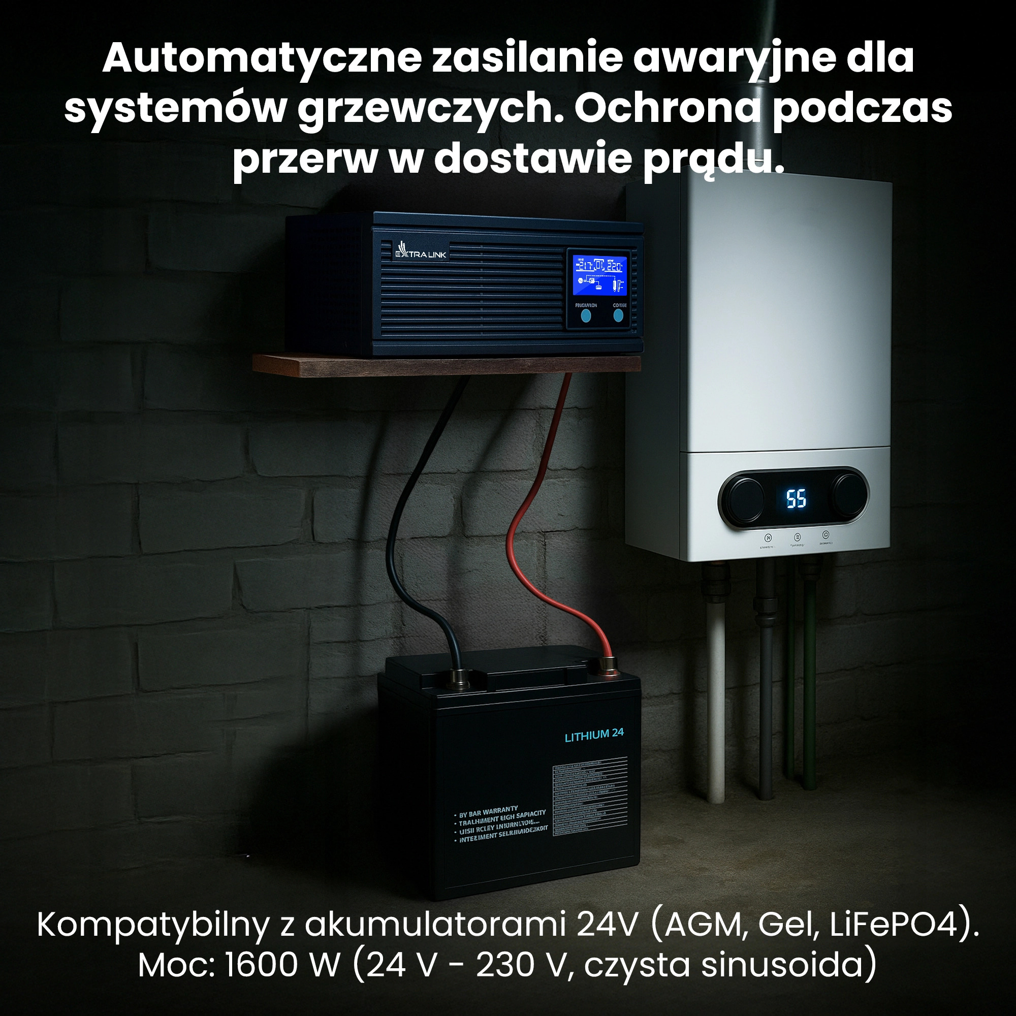 Un gruppo di continuità con batteria e caldaia su una parete di mattoni.