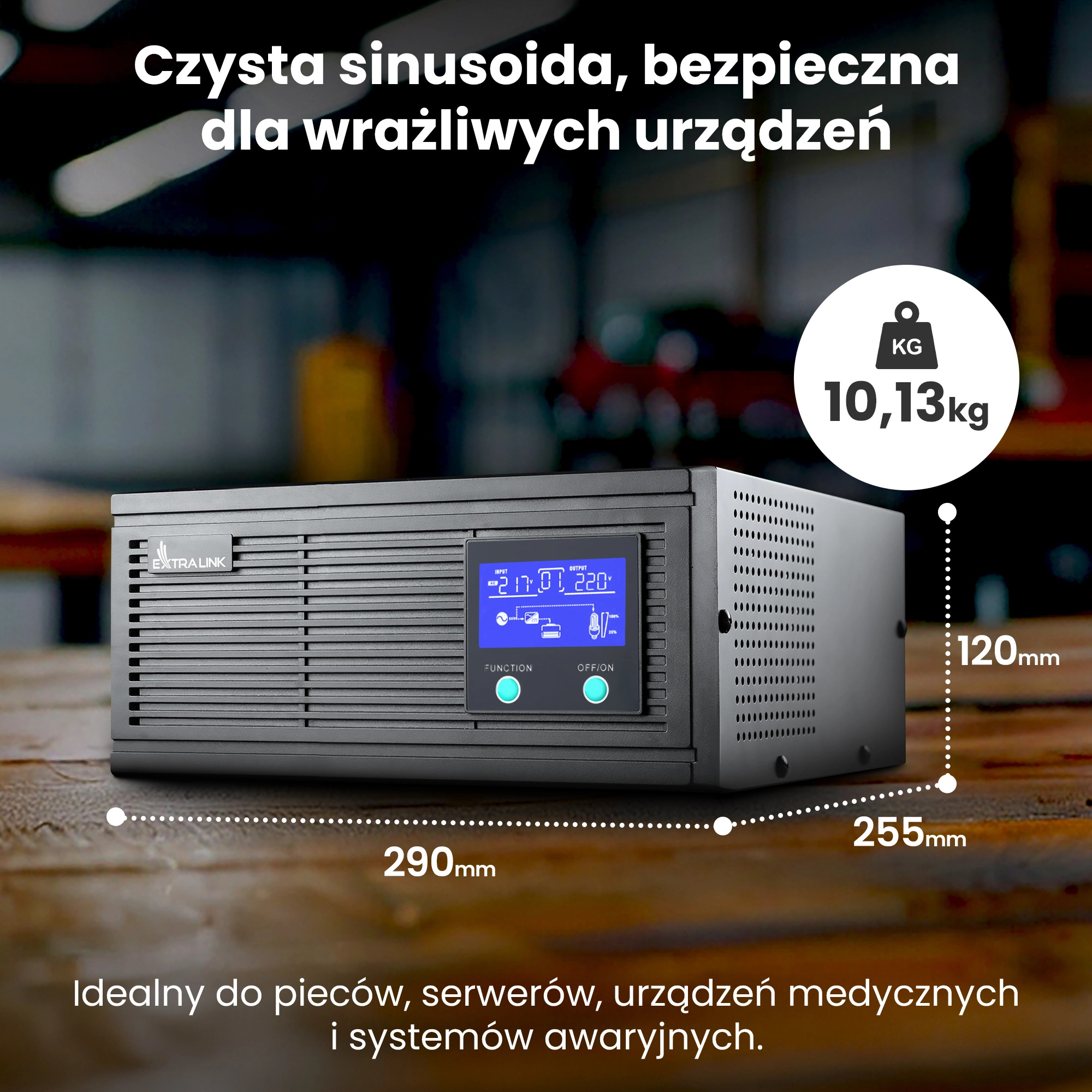 Un gruppo di alimentazione nero con display LCD blu, del peso di 10,13 kg.