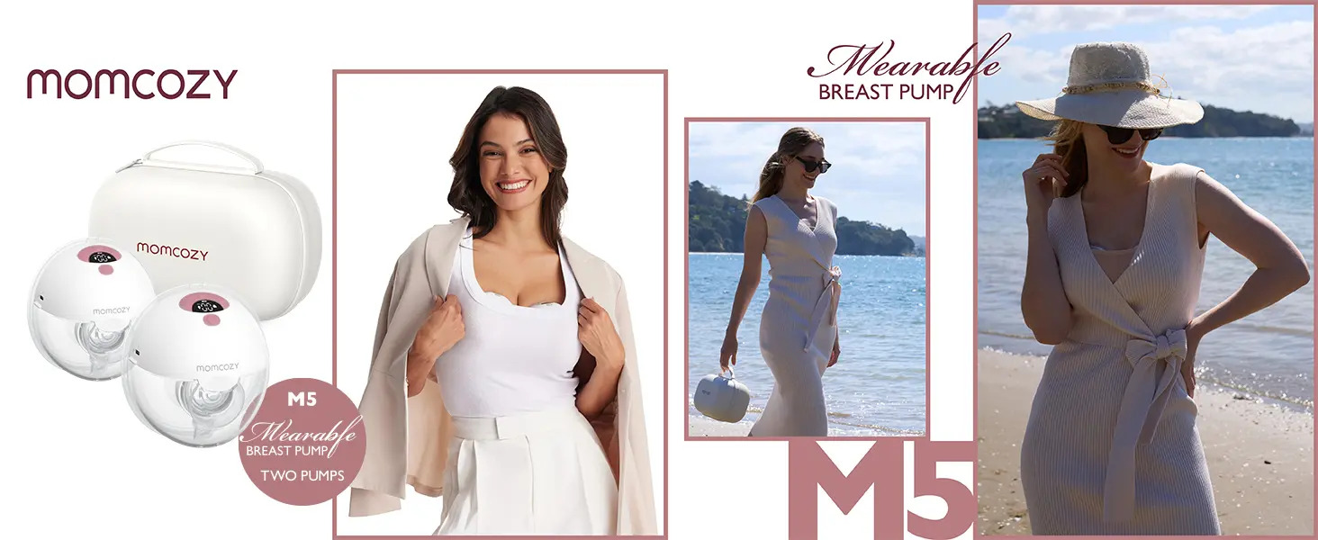 Tiralatte indossabili Momcozy M5 con custodia bianca e tre donne in spiaggia.