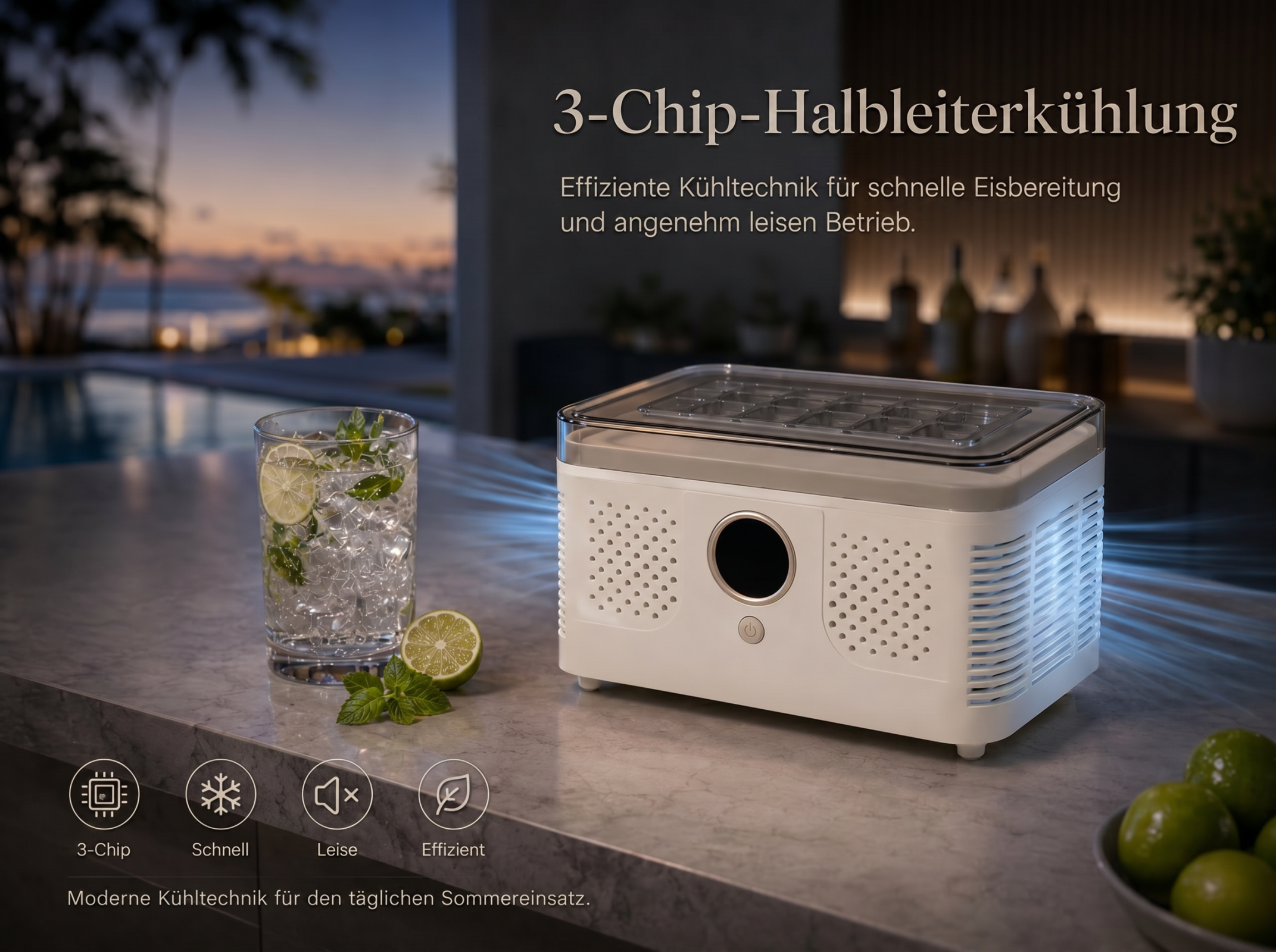 Ein Eisbereiter mit 3-Chip-Technologie steht neben einem Glas mit Eiswasser und Limette.